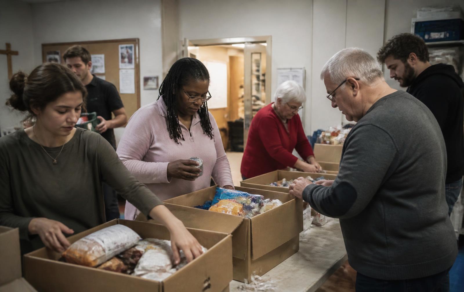 Volunteers packing food parcels into cardboard boxes in a community hall